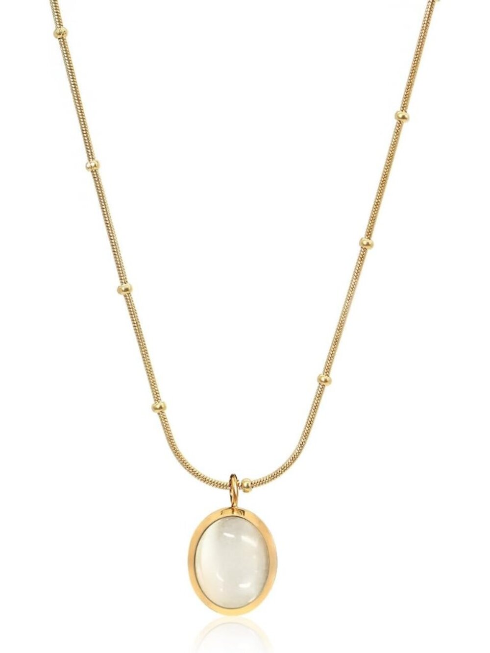Women's White Gold Cat Eye Oval Pendant Satellite Chain Beaded Choker Necklace